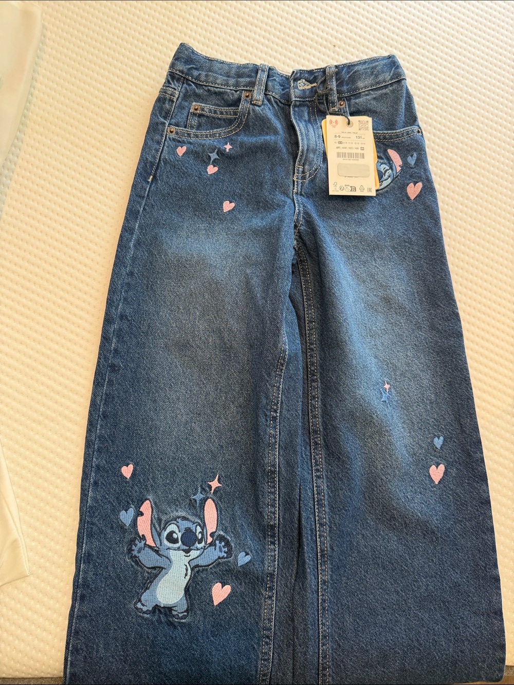 Zara Girls Blue Denim Flare Jeans with Pink Heart & Character Embroidery